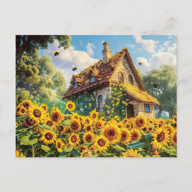 Sonniges Bauernhaus mit blühenden Sonnenblumen Postkarte (Vorderseite)