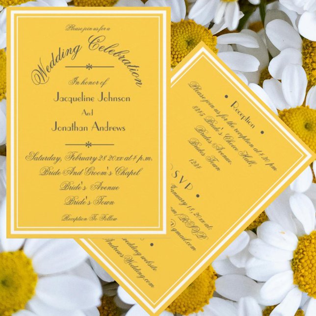 Sonniges Gelb auf einer UAWG E-Mail-Website Hochze Einladung (Sunny yellow All-In-One wedding invitations with chic elegant script, RSVP, email, website etc.)