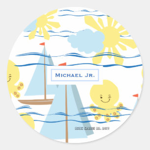 Sonniges Kindermuster, Boot, Kraken und Sonnenstuh Runder Aufkleber