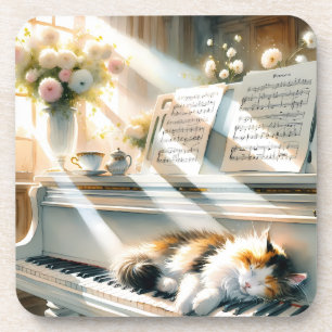 Sonniges Klavier-Katzen-Cottagecore-Traum Getränkeuntersetzer