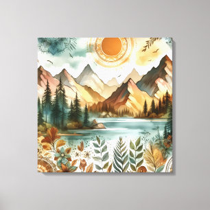 Sonniges Rustikales Boho Natur Muster Bergsee Leinwanddruck