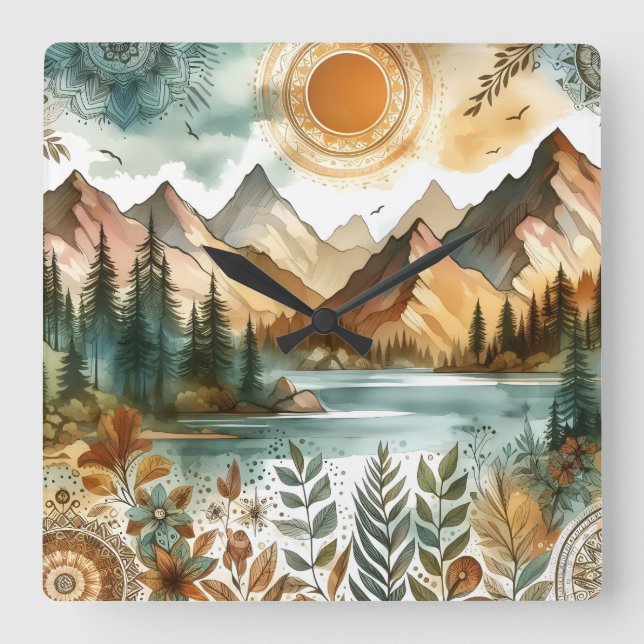 Sonniges Rustikales Boho Naturschutzgebiet Gebirgs Quadratische Wanduhr (Vorderseite)