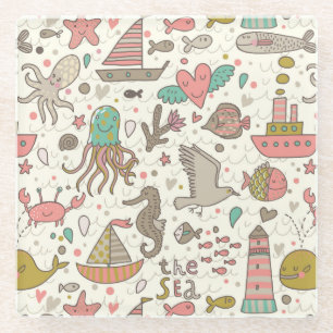 Sonniges Sommermuster mit Schiffen Glasuntersetzer