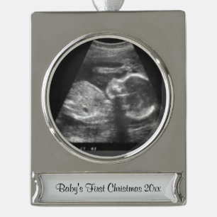 Sonogram-Verzierung des Babys erste Weihnachts Banner-Ornament Silber