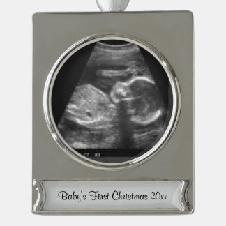Sonogram-Verzierung des Babys erste Weihnachts Banner-Ornament Silber