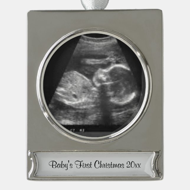 Sonogram-Verzierung des Babys erste Weihnachts Banner-Ornament Silber (Vorderseite)