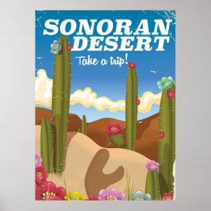 Sonora-Wüsten-Kaktus Cartoon-Reiseplakat. Poster