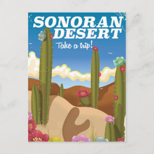 Sonoran Wüste Kaktus Cartoon Reiseplakat. Postkarte