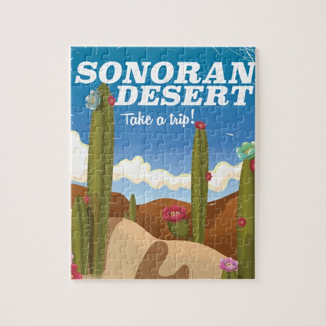 Sonoran Wüste Kaktus Cartoon Reiseplakat. Puzzle (Vertikal)