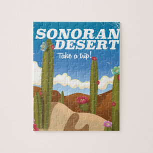 Sonoran-Wüsten-Kaktus-Cartoon-Reiseplakat. Puzzle