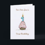 Sons erster Geburtstag Karte<br><div class="desc">Sons erste Geburtstagskuchen und Kerzenkarte. Diese originale Babykarte hat einen Kuchen mit Zuckerguss und Sprinklen und eine große Nummer eins Kerze oben. Der Text auf der Vorderseite lautet: "Zum ersten Geburtstag unseres Sohnes". Die Innenseite hat ein glückliches Sprichwort,  das geändert oder gelöscht werden kann.</div>