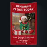 Sons First Birthday Party Foto Red Christmas Banner<br><div class="desc">Fügen Sie dem Weihnachtsgeburtssaal Ihr eigenes niedliches Foto hinzu. Weiß,  fett und lustig unter dem Foto auf einem roten Hintergrund. Ändern Sie den Text und das Foto,  indem Sie auf die Schaltfläche Personalisieren klicken.</div>