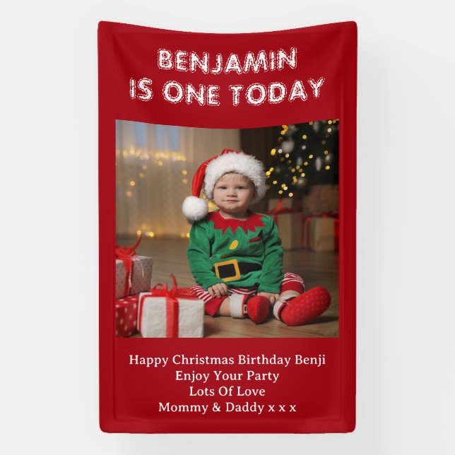 Sons First Birthday Party Foto Red Christmas Banner (Vertikal)