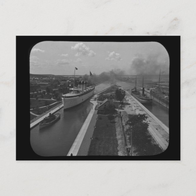 Soo Locks Magic Lantern Slide B&W Postkarte (Vorderseite)
