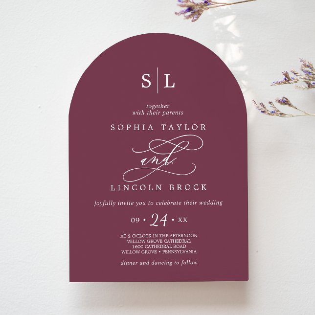 SOPHIA Arch Maroon Red Monogram Herbsthochzeit Einladung (SOPHIA Arch Maroon Red Monogram Autumn Wedding Invitation)