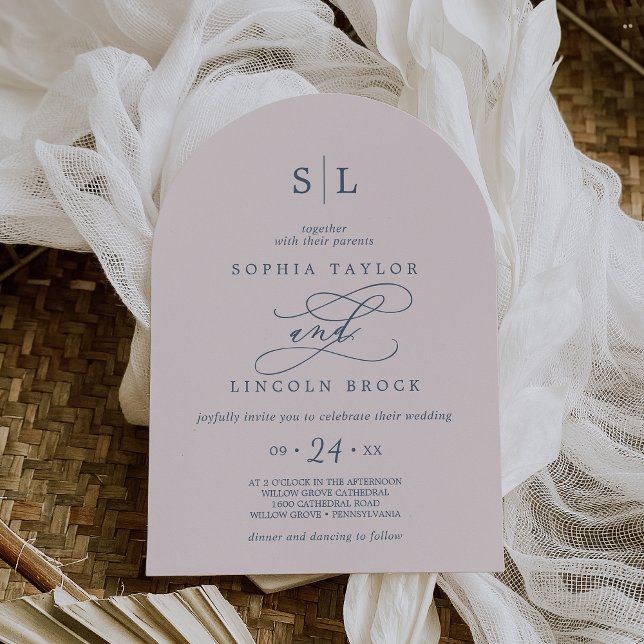 SOPHIA Arch Monogram Rosa Blush and Navy Wedding Einladung (SOPHIA Arch Monogram Pink Blush and Navy Wedding Invitation)