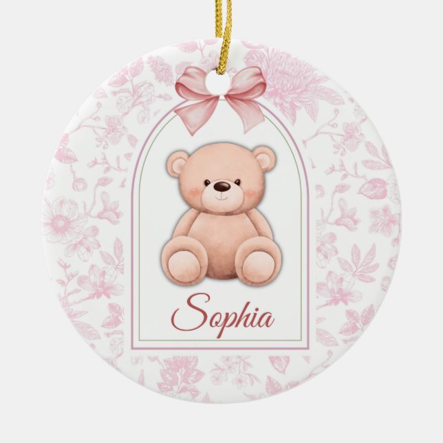 Sophia | Benutzerdefiniertes rosa Teddy-Bär-Kinder Keramik Ornament (Vorne)