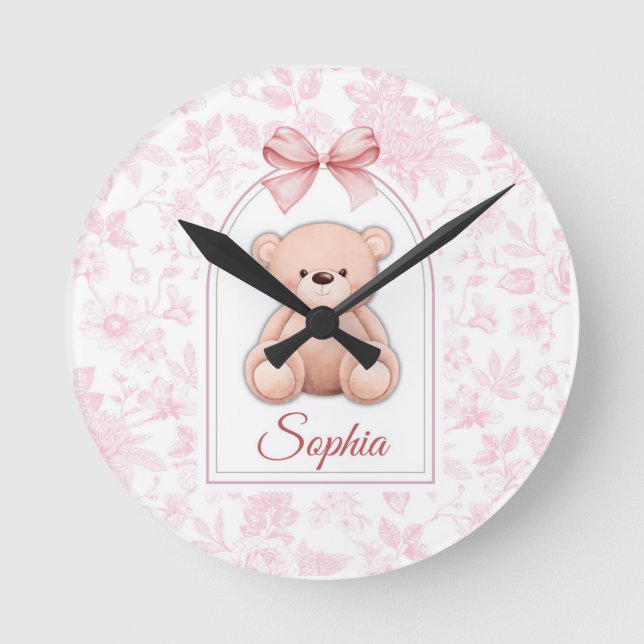 Sophia | Benutzerdefiniertes rosa Teddy-Bär-Kinder Runde Wanduhr (Vorderseite)
