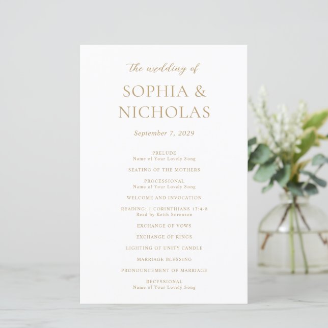 Sophia Gold Modern Wedding Program (Stehend Vorderseite)