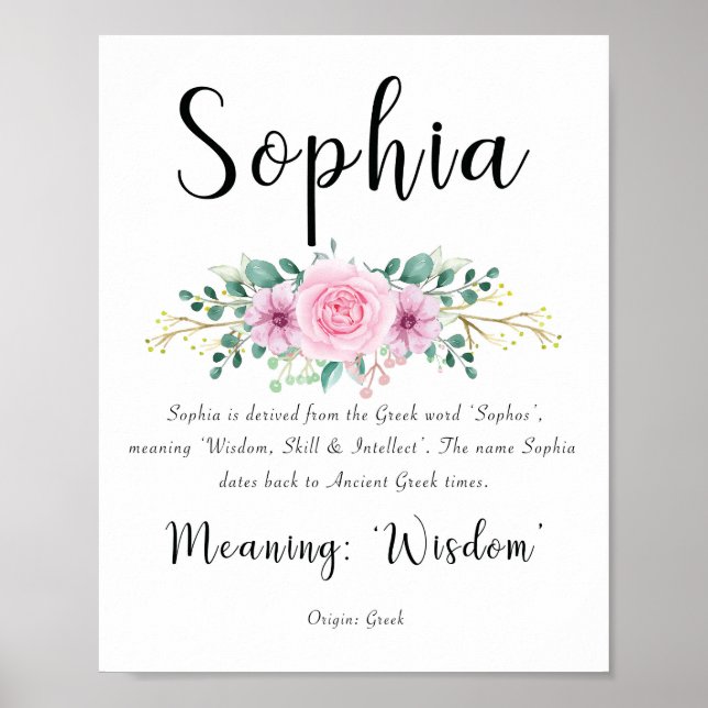 Sophia-Name bedeutet Print mit rosa Blume 8x10 Poster (Vorne)