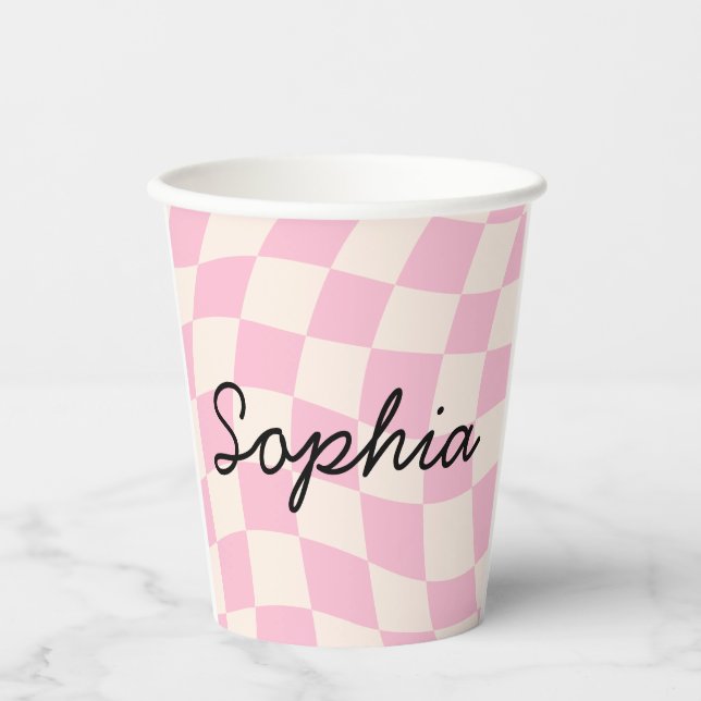 Sophia Name Custom Mug Cup Party Pink Check Grid Pappbecher (Vorderseite)