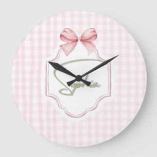 Sophia Personalisiert Pink Bow & Gingham Print Große Wanduhr
