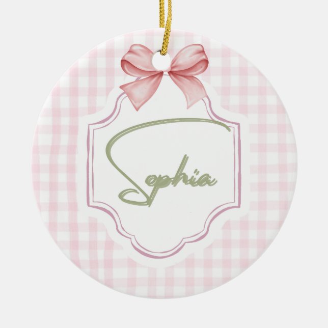 Sophia Personalisiert Pink Bow & Gingham Print Keramik Ornament (Vorne)