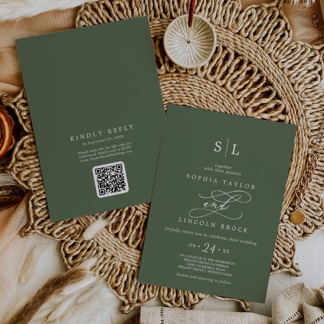 SOPHIA QR Code Boho Olive Green alles in einer Hoc Einladung (SOPHIA QR Code Boho Olive Green All In One Wedding Invitation)