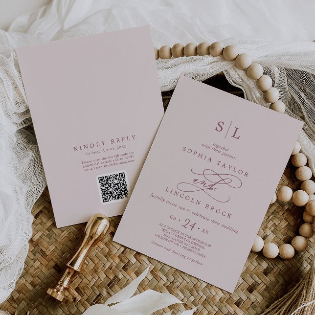 SOPHIA QR Code Burgundy Blush All in one Wedding Einladung (SOPHIA QR Code Burgundy Blush All In One Wedding Invitation)