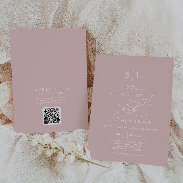 SOPHIA QR Code Chic Blush Pink in einer Hochzeit Einladung (SOPHIA QR Code Chic Blush Pink All In One Wedding Invitation)