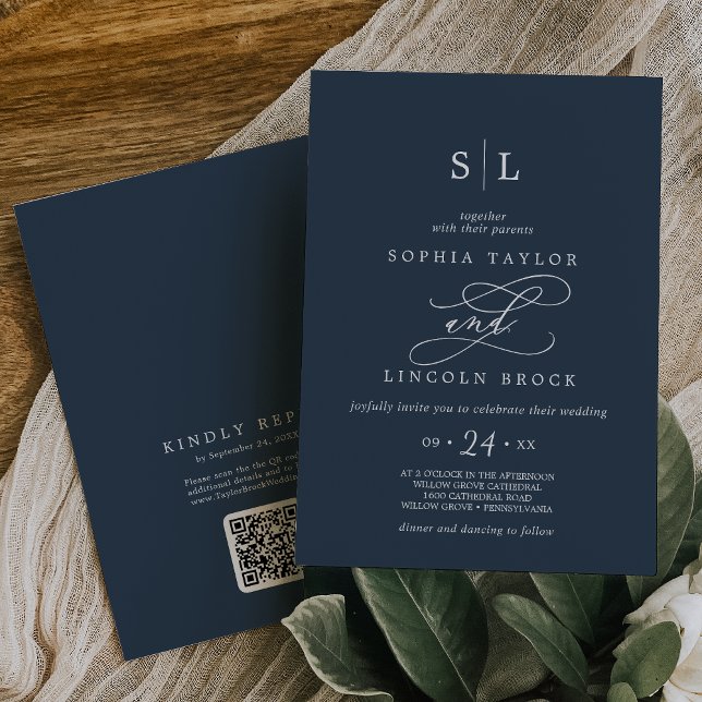 SOPHIA QR Code Dunkelblaue Moderne in einer Hochze Einladung (SOPHIA QR Code Dark Blue Modern All In One Wedding Invitation)