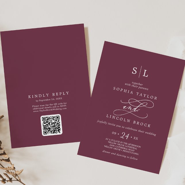 SOPHIA QR Code Fall Maroon Red alle in einer Hochz Einladung (SOPHIA QR Code Fall Maroon Red All In One Wedding Invitation)