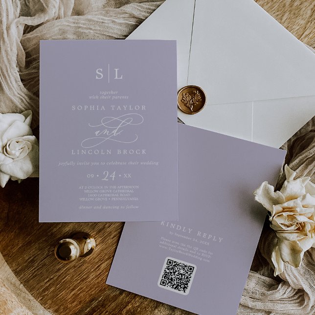 SOPHIA QR Code Lavender Lila in einer Hochzeit Einladung (SOPHIA QR Code Lavender Purple All In One Wedding Invitation)