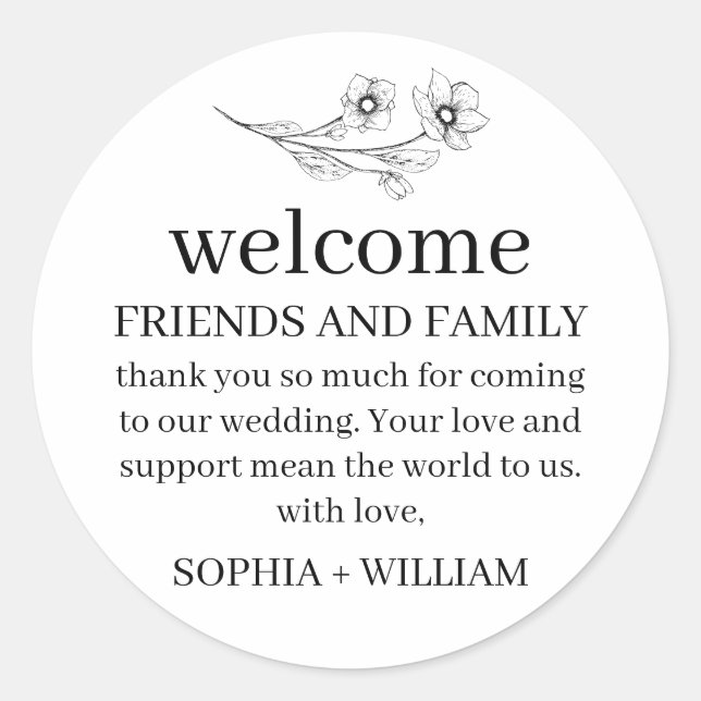 Sophia Simple Schwarz-weiß Wedding Welcome Bag Runder Aufkleber (Vorderseite)
