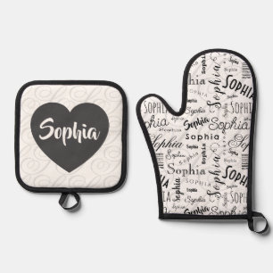 Sophia Typografie Schwarz-weiß Ofenhandschuh & Topflappen-Set