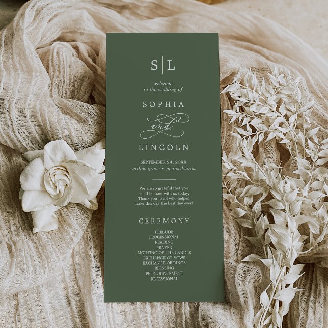 SOPHIA Woodland Olive Green Monogram Wedding Programm (SOPHIA Woodland Olive Green Monogram Wedding Program)