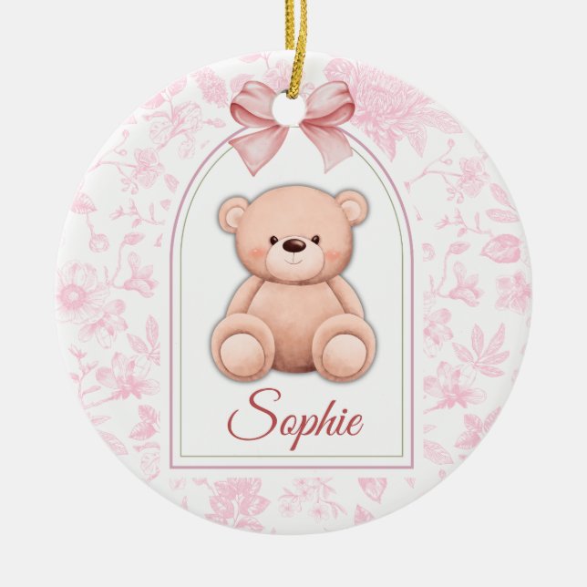 Sophie | Benutzerdefiniertes rosa Teddy-Bär-Kinder Keramik Ornament (Vorne)
