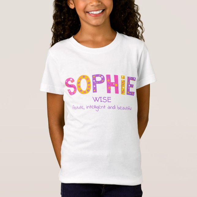 Sophie Girls Name bedeutet rosa lila Blume T-Shirt (Vorderseite)