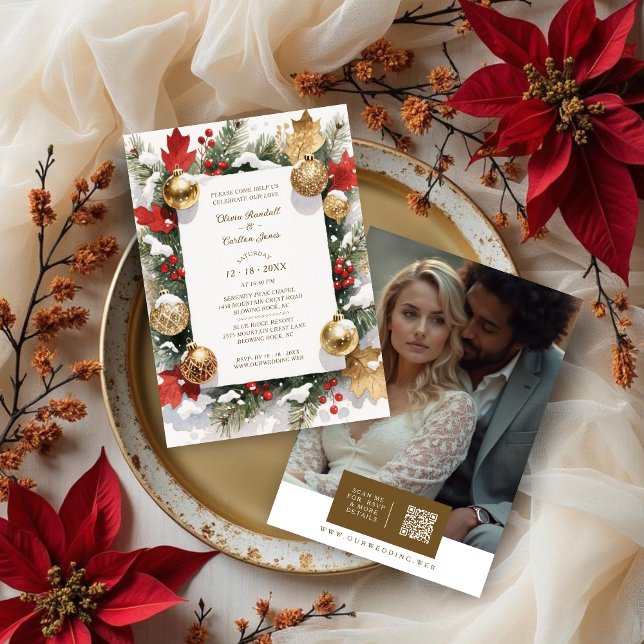 Sophistated Colorful Christmas Botanical & Floral Einladung (Sophisticated Colorful Christmas Botanical and Floral Frame Wedding Invitations Cards with Back QR.)