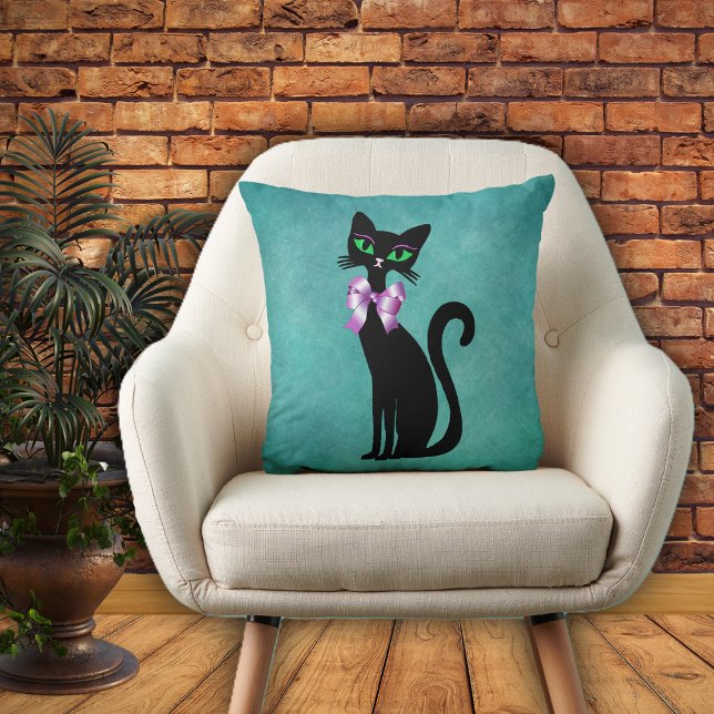 Sophisticated Black Cat green Eyes Pink Bow Aqua Kissen (Pretty sophisticated black cat in pink bow green eyes on aqua blue decorative pillow.)