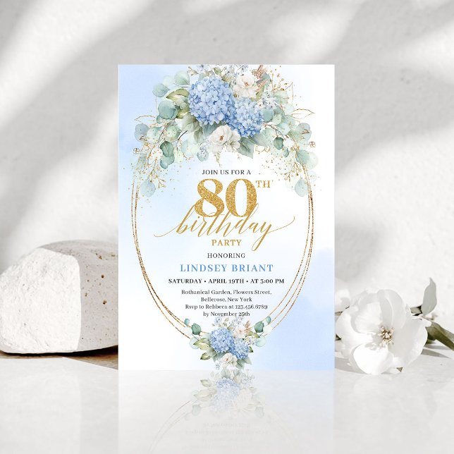 Sophisticated Blue Hydrangea Floral 80th Birthday  Einladung (Sophisticated Blue Hydrangea Floral 80th Birthday Invite)