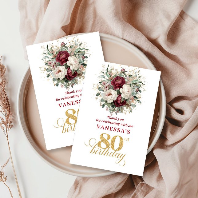 Sophisticated Blush Burgunder 80. Geburtstag Danke (Sophisticated Blush Burgundy 80th Birthday Thank You Card)