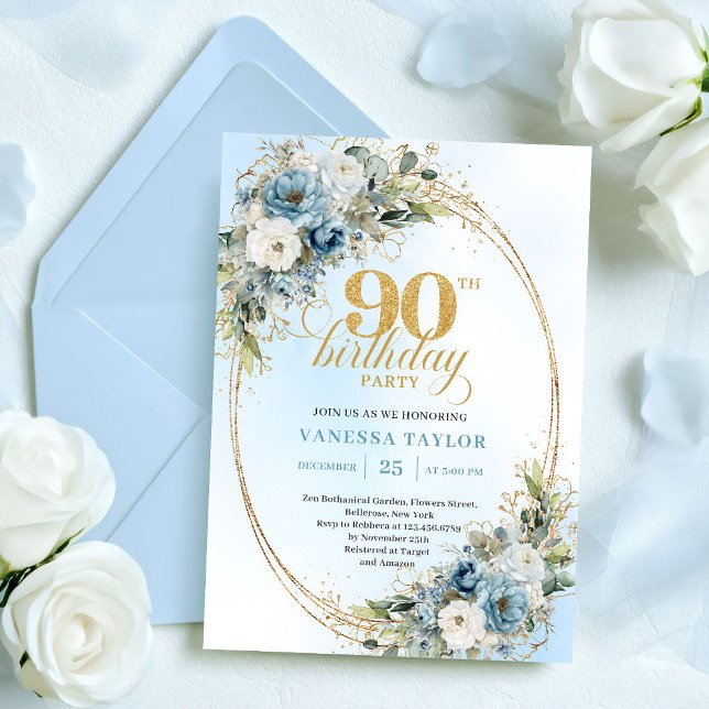 Sophisticated Bohemian Blue Floral Gold 90th Bday Einladung (Sophisticated Bohemian Blue Floral Gold 90th Birthday)