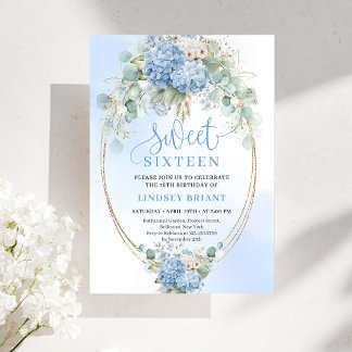 Sophisticated Bohemian Blue Floral Gold Sweet 16 Einladung