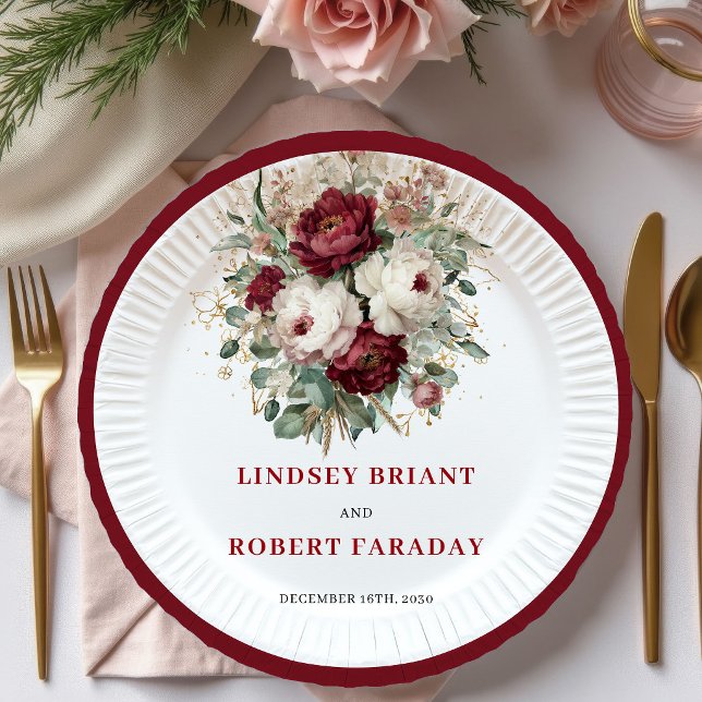Sophisticated Boho Burgunderrot Florale Goldene Te Pappteller (Sophisticated Boho Burgundy Floral Gold Plates)