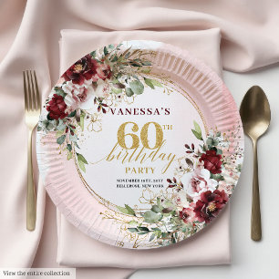 Sophisticated Boho Burgunderrot Goldene Rosen 60. Pappteller