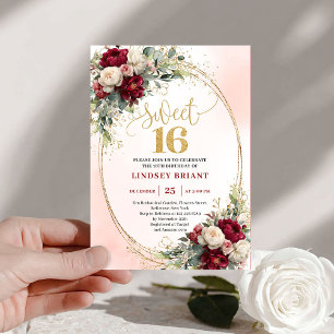 Sophisticated Boho Marsala Gold Floral Sweet Sixte Einladung