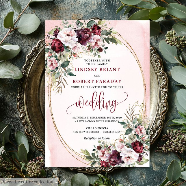 Sophisticated Boho Merlot Gold Sage Floral Wedding Einladung (Sophisticated Boho Merlot Gold Sage Floral Wedding Invitation)