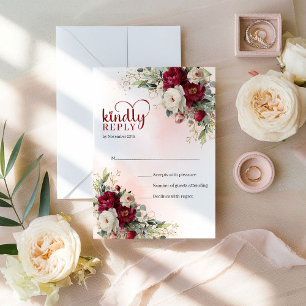 Sophisticated Boho Rot Weiß Floral Gold Hochzeit RSVP Karte