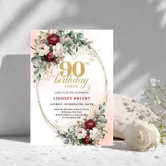 Sophisticated Burgunder Blumen Gold 90. Geburtstag Einladung